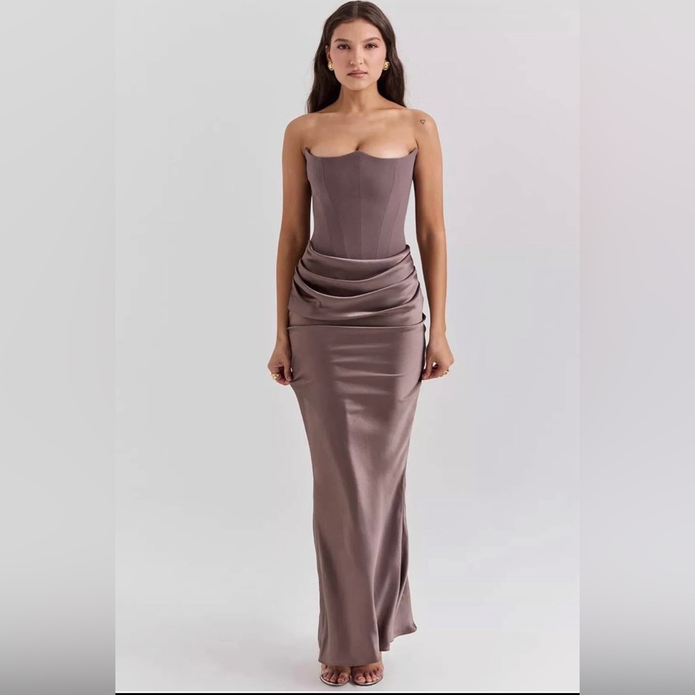 House of CB Taupe Strapless Satin Maxi Dress
